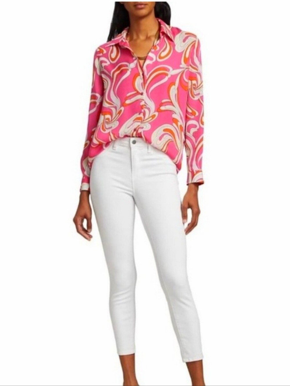 L'AGENCE Nina Long Sleeve Blouse In Orange & Rose Abstract Swirl - Picture 13 of 13